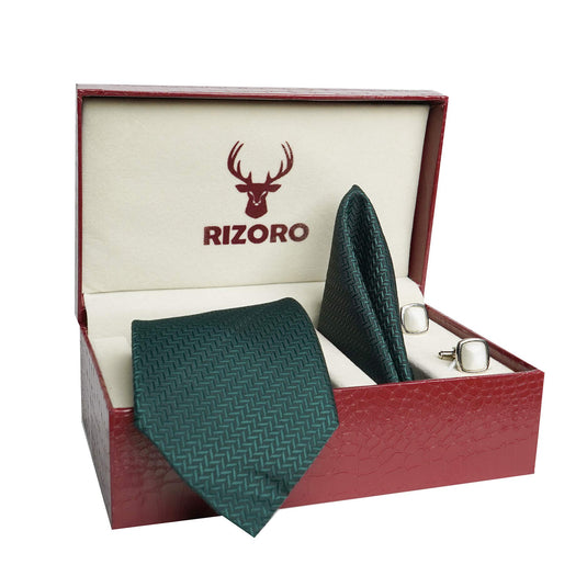 RIZORO Mens Plaid Micro Self Silk Necktie Tie Gift Set With Pocket Square, Cufflinks & Brooch Pin Formal Tie With Leatherite Box (SIDIRB, Free Size)