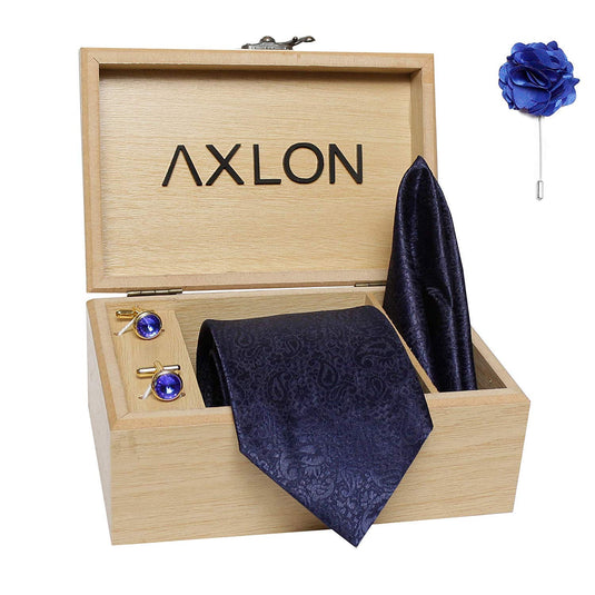 Axlon Men's Micro Polyester Printed Necktie Set with Pocket Square, Brooch Pin and Cufflinks (Navy Blue, Free Size)