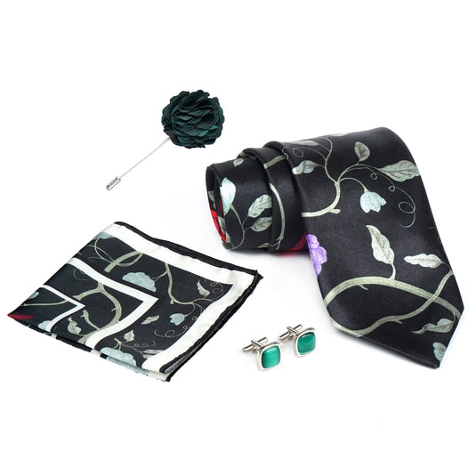 RIZORO Black Mens Paisley Micro Print Silk Necktie Gift Set With Pocket Square Cufflinks & Brooch Pin Formal Tie With Wooden Box Free Size | (Wooden Gift Box ) (Pack of 4) (RPL_12)