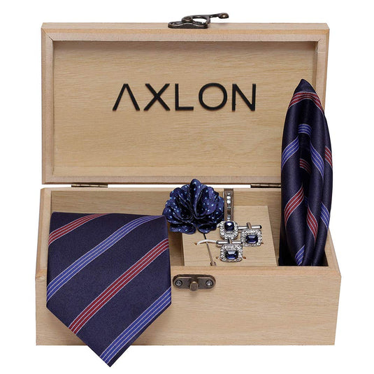 Axlon Men's Micro Polyester Necktie Set with Pocket Square, Brooch Pin and Cufflinks (Blue, Free Size)