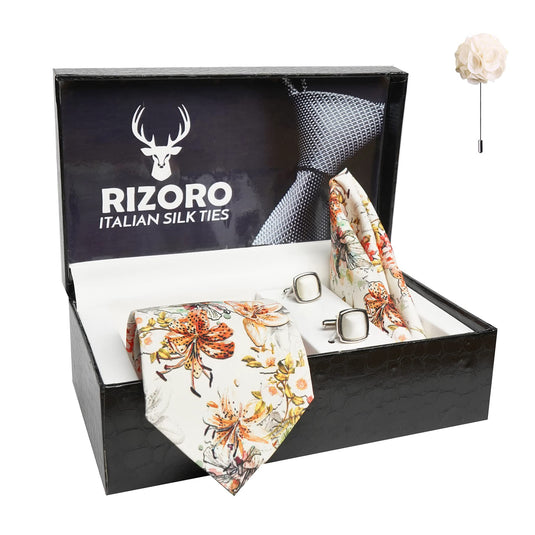 RIZORO Mens Plaid Boho Printed Silk Necktie Gift Set With Pocket Square Cufflinks & Brooch Pin Formal Tie With Leatherite Box (BOHORX Free Size) | (Leather Gift Box) (Pack of 4)