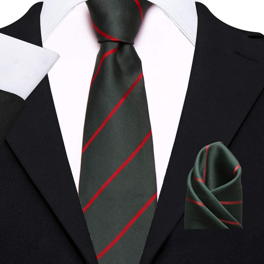 Axlon Men's Micro Polyester Striped Necktie Set with Pocket Square and Brooch Pin (Green , Free Size)