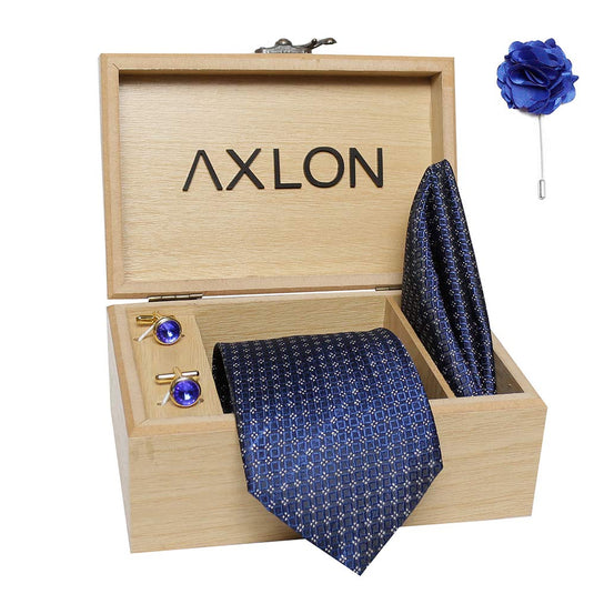 Axlon Men's Micro Polyester Necktie Set with Pocket Square and Brooch Pin (Blue , Free Size)