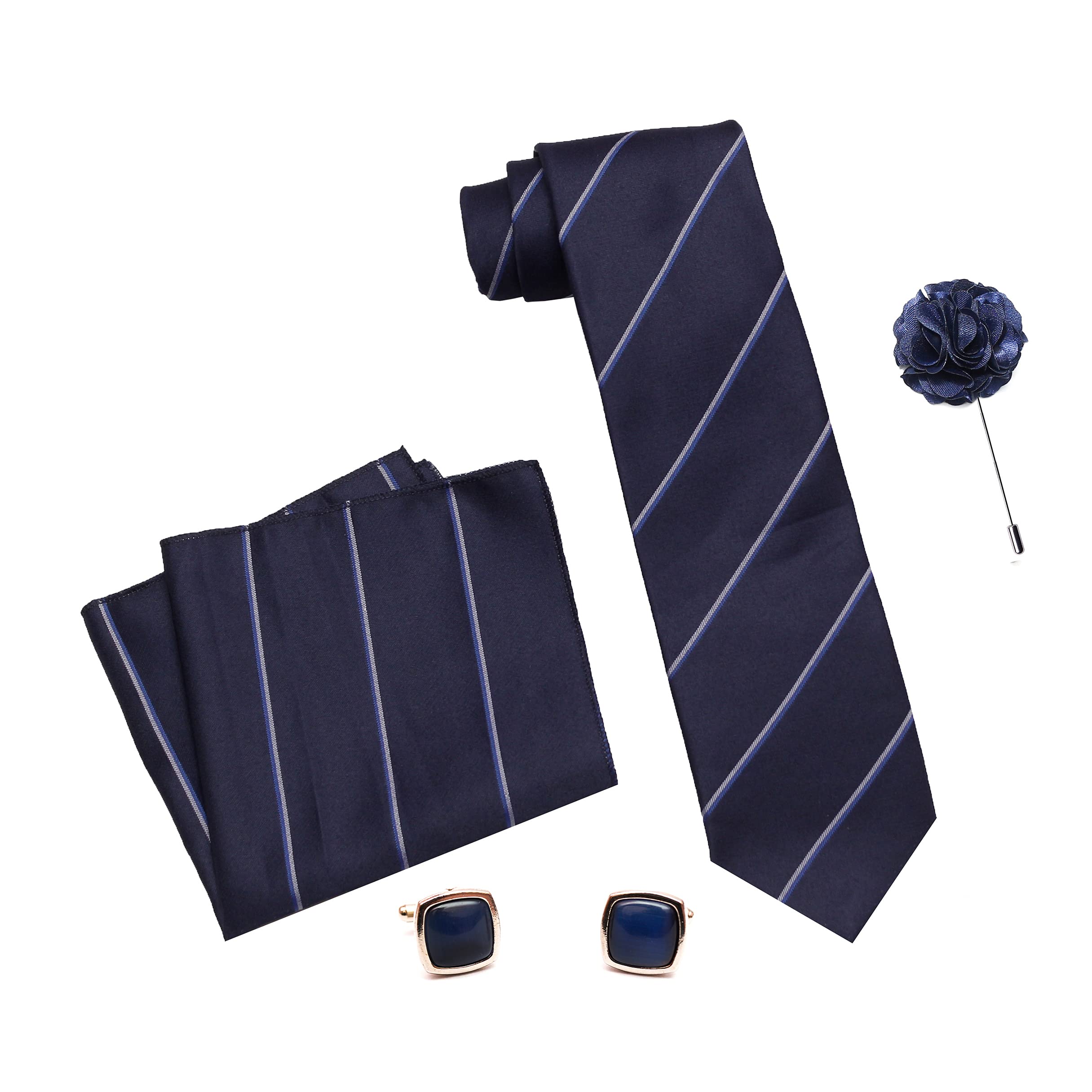 RIZORO Mens Plaid Stripped Silk Necktie Gift Set With Pocket Square Cufflinks & Brooch Pin Formal Tie With Leatherite Box (S4RX Free Size) | (Leather Gift Box) (Pack of 4)