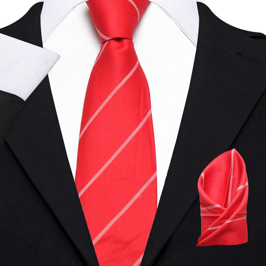 AXLON Men's Micro Polyester Striped Necktie Set with Pocket Square and Brooch Pin (Red , Free Size)