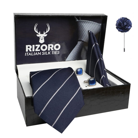 RIZORO Mens Plaid Stripped Silk Necktie Gift Set With Pocket Square Cufflinks & Brooch Pin Formal Tie With Leatherite Box (S2RX Free Size) | (Leather Gift Box) (Pack of 4)