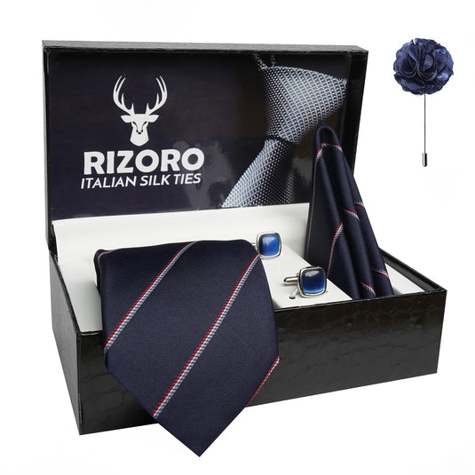 RIZORO Mens Plaid Stripped Silk Necktie Gift Set With Pocket Square Cufflinks & Brooch Pin Formal Tie With Leatherite Box (S4RX Free Size) | (Leather Gift Box) (Pack of 4)