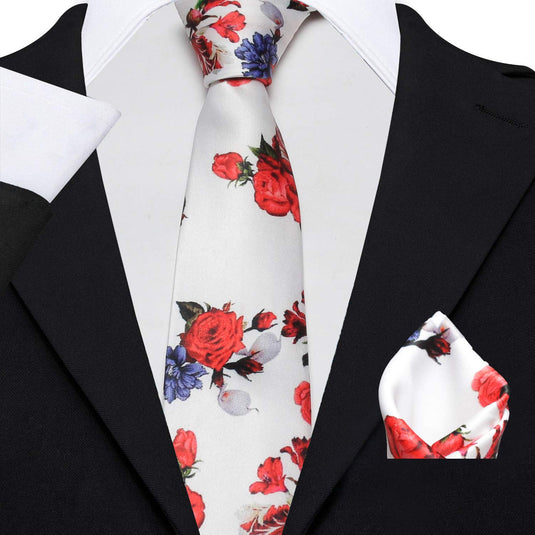 AXLON Men's Micro Polyester Floral Necktie Set with Pocket Square and Brooch Pin (Red ,Free Size)