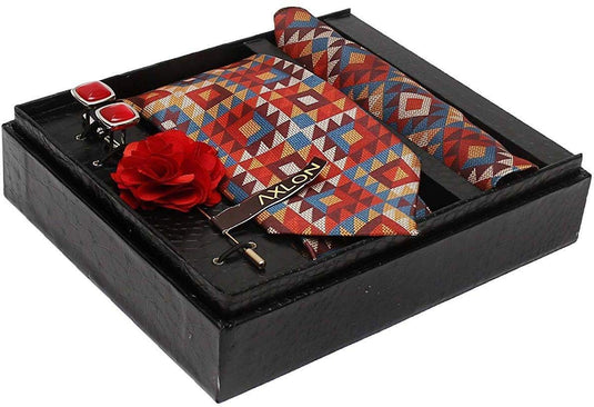 Axlon Formal Printed Poly Blend Necktie Set with Pocket Square, Brooch Pin and Cufflinks for Men's Gift Box (Free Size, Multicolour)