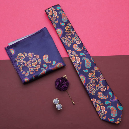 RIZORO Purple Mens Paisley Micro Print Silk Necktie Gift Set With Pocket Square Cufflinks & Brooch Pin Formal Tie With Wooden Box Free Size | (Wooden Gift Box ) (Pack of 4) (RPL_42)