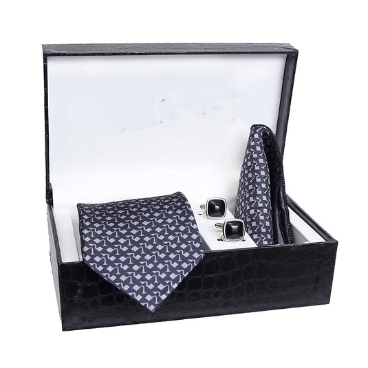 AXLON Formal/Casual Printed Satin Necktie Set with Pocket Square, Brooch Pin and Cufflinks for Men (Free Size, Black)