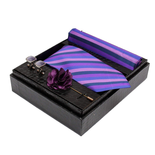 AXLON Formal/Casual Printed Polyester Necktie Set with Pocket Square, Brooch Pin and Cufflinks for Men (Free Size, Purple)