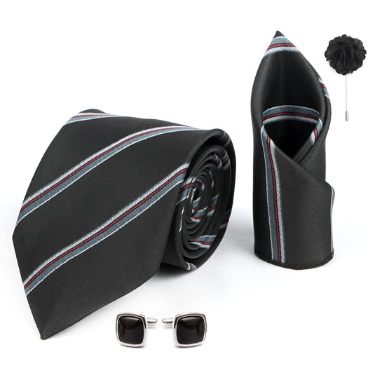 AXLON Mens Plaid Stripped Silk Necktie Gift Set With Pocket Square Cufflinks & Brooch Pin Tie For Men Formal With Leatherite Box (S6RX Free Size) | (Leather Gift Box) (Pack of 4)