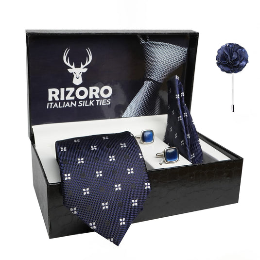 RIZORO Mens Plaid Dotted Silk Necktie Gift Set With Pocket Square Cufflinks & Brooch Pin Formal Tie With Leatherite Box (4D2RX Free Size) | (Leather Gift Box) (Pack of 4)