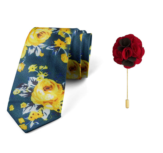 Axlon Men's Micro Polyester Floral Necktie Set with Pocket Square and Brooch Pin (Blue ,Free Size)