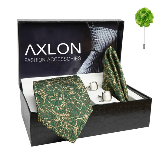 AXLON Mens Plaid Pasiley Silk Necktie Gift Set With Pocket Square Cufflinks & Brooch Pin Tie For Men Formal With Leatherite Box (PARRX Free Size) | (Leather Gift Box) (Pack of 4)