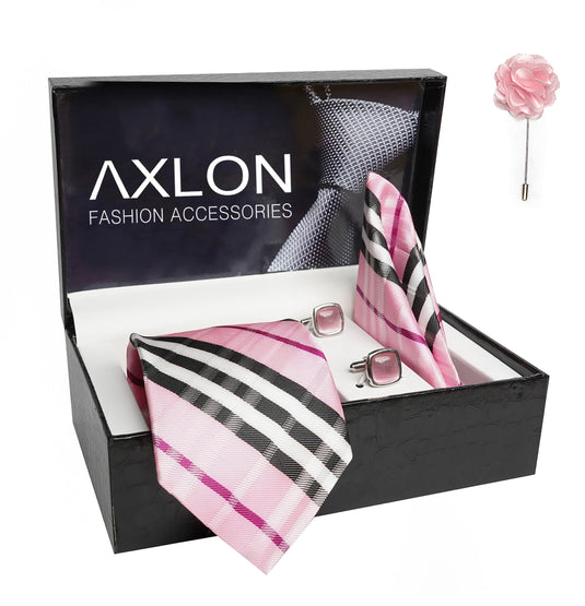 AXLON Mens Plaid Checkered Silk Necktie Gift Set With Pocket Square Cufflinks & Brooch Pin Tie For Men Formal With Leatherite Box (BURRX Free Size) | (Leather Gift Box) (Pack of 4)