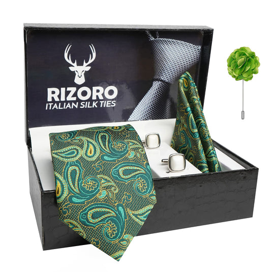 RIZORO Mens Plaid Pasiley Silk Necktie Gift Set With Pocket Square Cufflinks & Brooch Pin Formal Tie With Leatherite Box (AMBI4RX Free Size) | (Leather Gift Box) (Pack of 4)