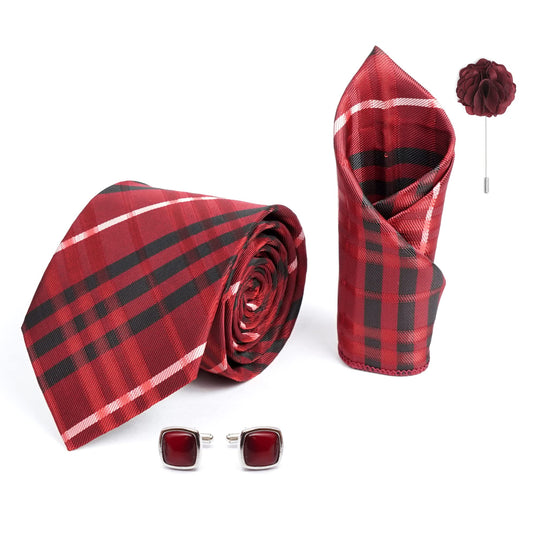 RIZORO Mens Plaid Checkered Silk Necktie Gift Set With Pocket Square Cufflinks & Brooch Pin Formal Tie With Leatherite Box (Red BURRDRX Free Size)