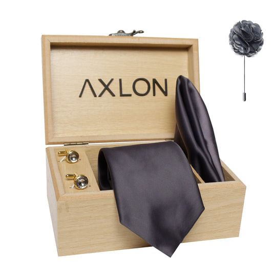 Axlon Men's Micro Polyester Plain Necktie Set with Pocket Square, Brooch Pin and Cufflinks (Dark Grey, Free Size)