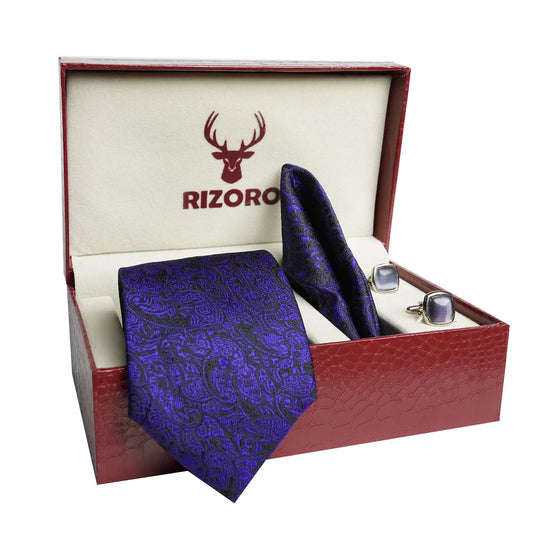 RIZORO Mens Plaid Pasiley Silk Necktie Tie Gift Set With Pocket Square, Cufflinks & Brooch Pin Formal Tie With Leatherite Box (PARRB, Free Size)