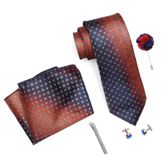 RIZORO Mens Plaid Micro Self Silk Printed Blue Necktie Gift Set With Pocket Square Cufflinks Brooch Pin Men Tie Clip Formal Tie With Wooden Box For Gifting (RW_13, Free Size)