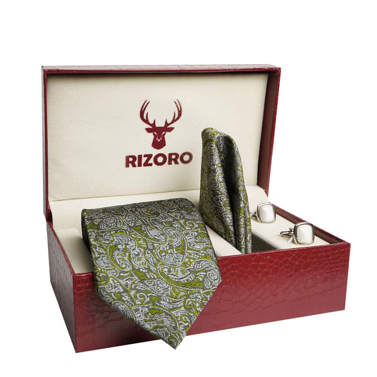 RIZORO Mens Plaid Pasiley Silk Necktie Tie Gift Set With Pocket Square, Cufflinks & Brooch Pin Formal Tie With Leatherite Box (PARRB, Free Size)
