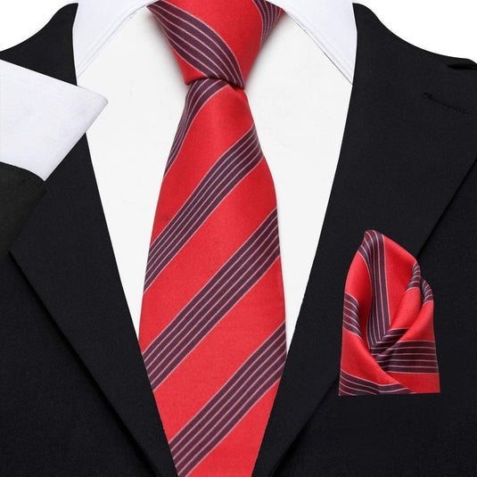 AXLON Men's Micro Polyester Striped Necktie Set with Pocket Square and Brooch Pin (Red , Free Size)