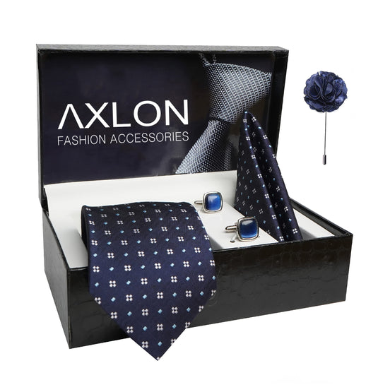 AXLON Mens Plaid Dotted Silk Necktie Gift Set With Pocket Square Cufflinks & Brooch Pin Tie For Men Formal With Leatherite Box (4D1RX Free Size) | (Leather Gift Box) (Pack of 4)