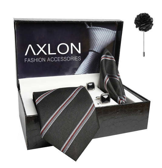 AXLON Mens Plaid Stripped Silk Necktie Gift Set With Pocket Square Cufflinks & Brooch Pin Tie For Men Formal With Leatherite Box (S6RX Free Size) | (Leather Gift Box) (Pack of 4)