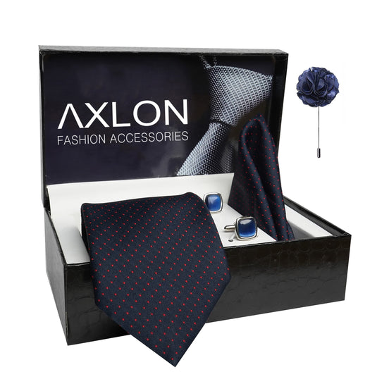 AXLON Mens Plaid Dotted Silk Necktie Gift Set With Pocket Square Cufflinks & Brooch Pin Tie For Men Formal With Leatherite Box (D1RX Free Size) | (Leather Gift Box) (Pack of 4)