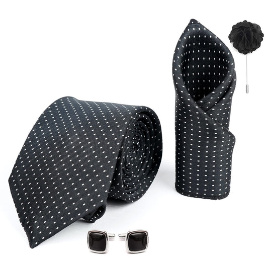 AXLON Mens Plaid Dotted Silk Necktie Gift Set With Pocket Square Cufflinks & Brooch Pin Formal Tie With Leatherite Box (D1RX Free Size) | (Leather Gift Box) (Pack of 4)