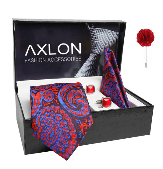 AXLON Mens Plaid Pasiley Silk Necktie Gift Set With Pocket Square Cufflinks & Brooch Pin Tie For Men Formal With Leatherite Box (AMBI5RX Free Size) | (Leather Gift Box) (Pack of 4)