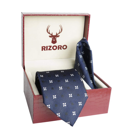 RIZORO Mens Plaid Dotted Silk Necktie Tie Gift Set With Pocket Square & Brooch Pin Formal Tie Set (4D2RS, Free Size)