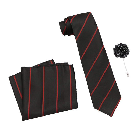 Axlon Men's Micro Polyester Striped Necktie Set with Pocket Square and Brooch Pin (Black , Free Size)