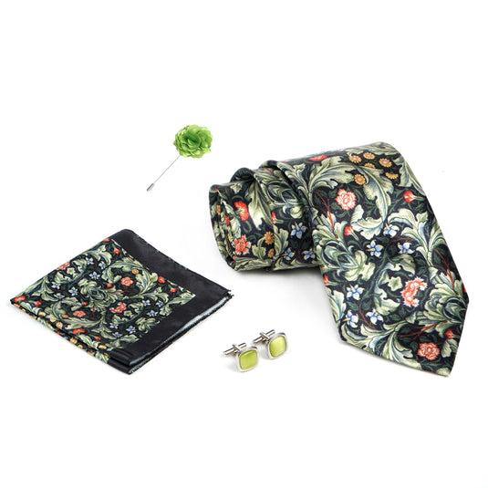 RIZORO Black Green Mens Paisley Micro Print Silk Necktie Gift Set With Pocket Square Cufflinks & Brooch Pin Formal Tie With Wooden Box Free Size | (Wooden Gift Box ) (Pack of 4) (RPL_13)