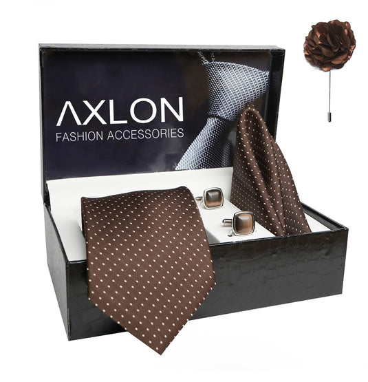 AXLON Mens Plaid Dotted Silk Necktie Gift Set With Pocket Square Cufflinks & Brooch Pin Tie For Men Formal With Leatherite Box (D1RX Free Size) | (Leather Gift Box) (Pack of 4)