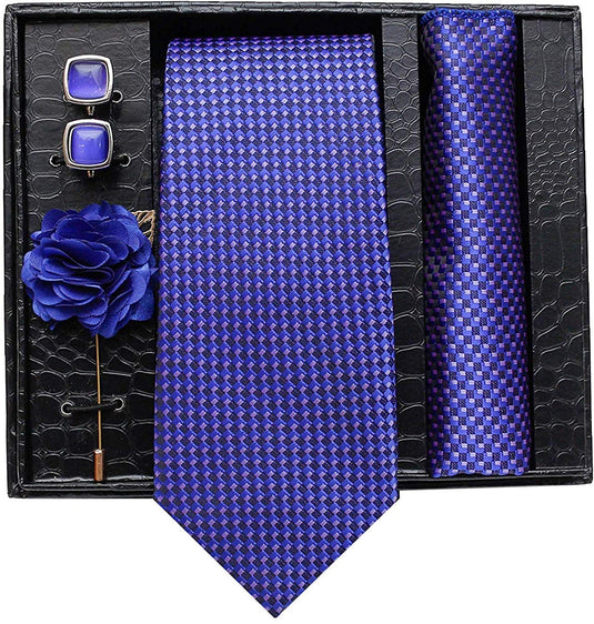 Axlon Men Formal/Casual Jacquard Neck Tie Pocket Square Accessory Gift Set with Cufflinks and Brooch Pin - Navy Blue (Free Size)