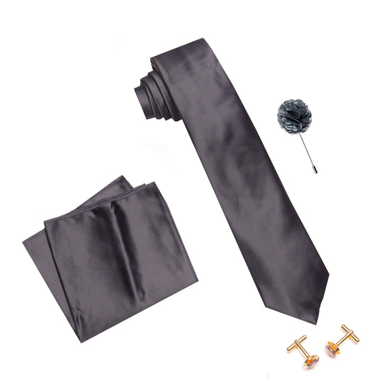 Axlon Men's Micro Polyester Plain Necktie Set with Pocket Square, Brooch Pin and Cufflinks (Dark Grey, Free Size)