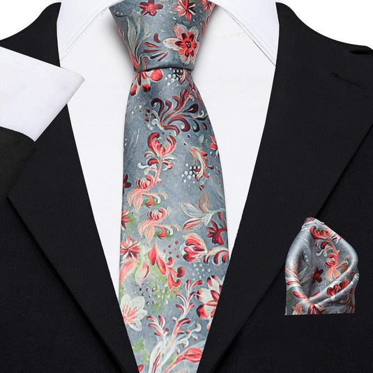 AXLON Men's Micro Polyester Floral Necktie Set with Pocket Square and Brooch Pin (Grey ,Free Size)