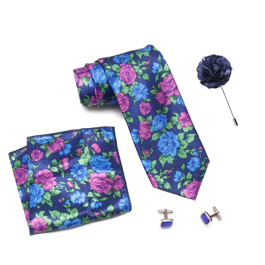 Axlon Men Formal/Casual Printed Satin Neck Tie Pocket Square Accessory Gift Set with Cufflinks and Brooch Pin - Blue (Free Size, ltr_818)