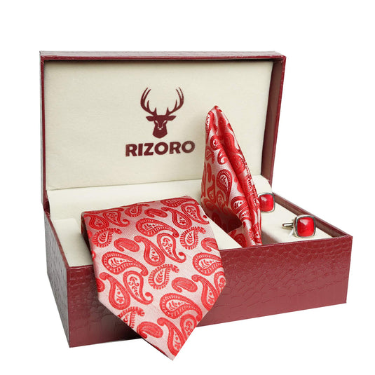 RIZORO Mens Plaid Paisley Silk Necktie Tie Gift Set With Pocket Square, Cufflinks & Brooch Pin Formal Tie With Leatherite Box (Red, AMBI1RDRB, Free Size)