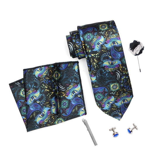 RIZORO Mens Plaid Micro Self Silk Floral Blue Necktie Gift Set With Pocket Square Cufflinks Brooch Pin Men Tie Clip Formal Tie With Wooden Box For Gifting (RW_17, Free Size)