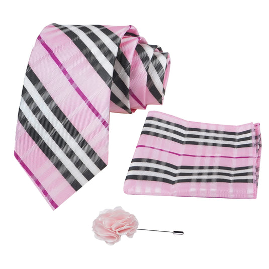 Axlon Mens Plaid Micro Self Silk Necktie Gift Set With Pocket Square & Brooch Pin Tie for Men Formal Tie Set with Box (Pack of 3) (Pink, 2022AX_35)