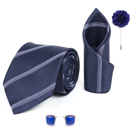 AXLON Mens Plaid Stripped Silk Necktie Gift Set With Pocket Square Cufflinks & Brooch Pin Tie For Men Formal With Leatherite Box (S6RX Free Size) | (Leather Gift Box) (Pack of 4)