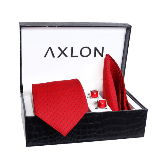 Axlon Men Formal/Casual Weaved Polyester Neck Tie Pocket Square Accessory Gift Set with Cufflinks and Brooch Pin - Red (Free Size, ltr_816)