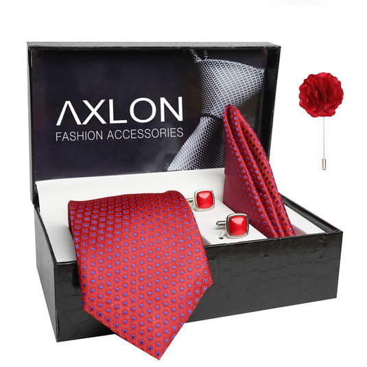 AXLON Mens Plaid Dotted Silk Necktie Gift Set With Pocket Square Cufflinks & Brooch Pin Tie For Men Formal With Leatherite Box (A12RX Free Size) | (Leather Gift Box) (Pack of 4)