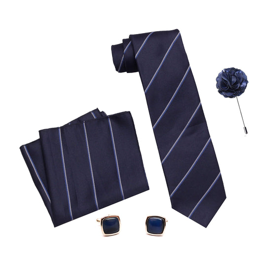 RIZORO Mens Plaid Stripped Silk Necktie Tie Gift Set With Pocket Square, Cufflinks & Brooch Pin Formal Tie With Leatherite Box (S4RB, Free Size)