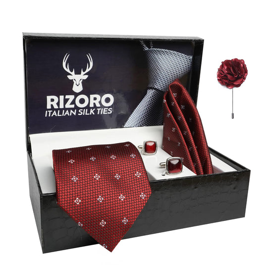 RIZORO Mens Plaid Dotted Silk Necktie Gift Set With Pocket Square Cufflinks & Brooch Pin Formal Tie With Leatherite Box (4D5RX Free Size) | (Leather Gift Box) (Pack of 4)