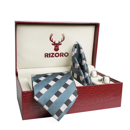 RIZORO Mens Plaid Stripped Silk Necktie Tie Gift Set With Pocket Square, Cufflinks & Brooch Pin Formal Tie With Leatherite Box (STRIPM1RB, Free Size)